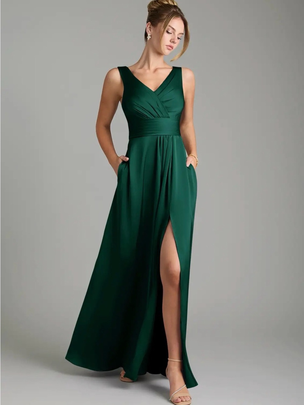 Azazie Karina Emerald A-Line Pleated Stretch Satin Dress